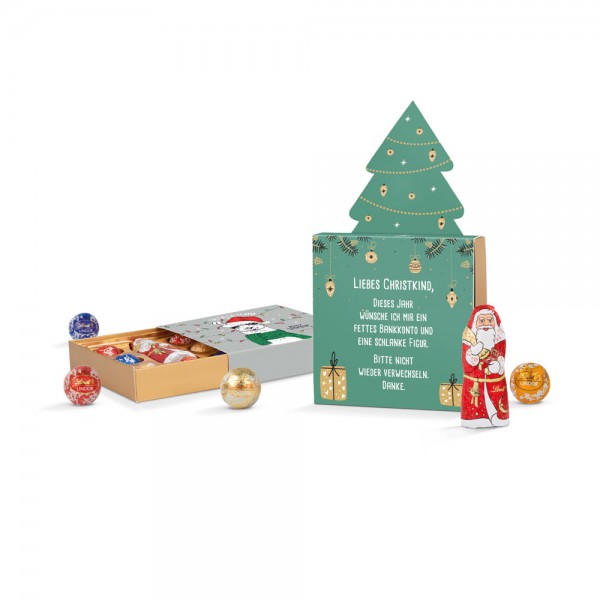 Lindt Präsent Werbeschuber aus weißem Karton Kleine Kostbarkeiten, Santa