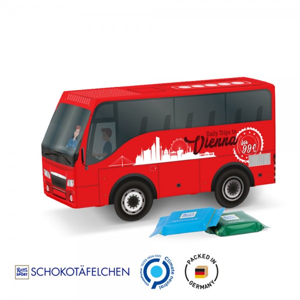 Bus Präsent Vollkartonhülle, weiß Ritter SPORT Schokotäfelchen, gemischt