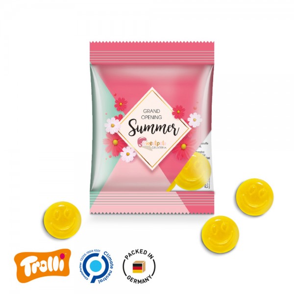 Minitüte, 84x70mm Folie, transparent Trolli Fruchtgummi Smile gelb, Zitronengeschmack, 10% Fruchtsaf