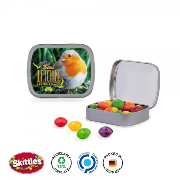 Klappdose Scharnierdeckeldose, matt-silber Skittles Fruits Kaubonbons