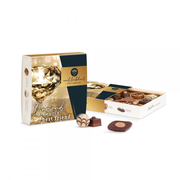Lindt Präsent Werbeschuber aus weißem Karton Lindt Mini Pralinés: Coeur a l'orange, Macchiato Stern,