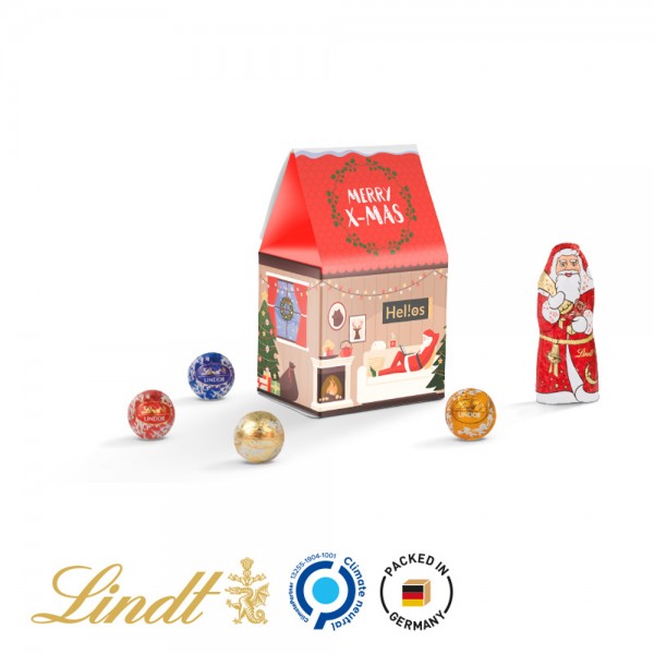 Standbodenbox Werbeverpackung aus weißem Karton Lindt Mischung: 4 Lindor Mini Kugeln (Milch, Dunkel,