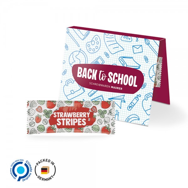 Werbekarte Midi aus weißem Karton mit Abreißperforation (Rücken 10mm) Fruit Stripes Strawberry