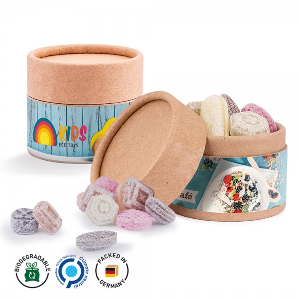 Papierdose Eco Mini Werbeetikett aus weißem Papier ungewickelte Bonbons, Kräutermischung, diverse Fo