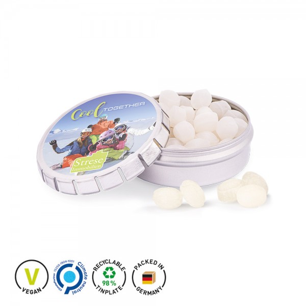 Quick Box Springdeckel aus Metall, silber Metallunterteil, silber Japanische Minze Micro Bonbons