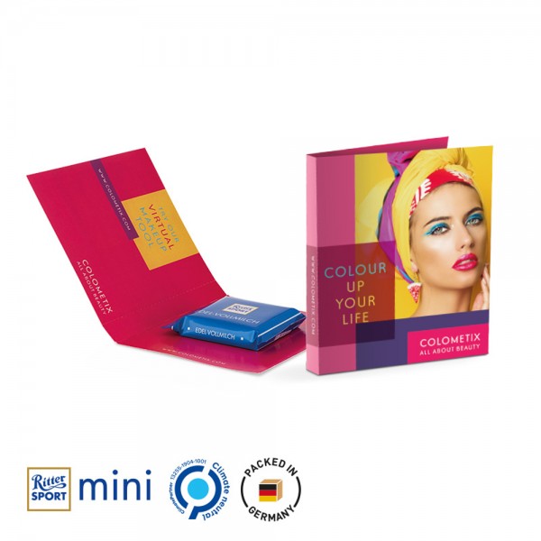 Werbekarte Midi aus weißem Karton mit Abreißperforation (Rücken 10mm) Ritter SPORT Mini Edelvollmilc