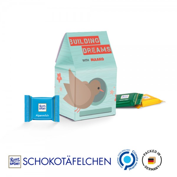 Standbodenbox Werbeverpackung aus weißem Karton 6 Ritter SPORT Schokotäfelchen Mischung: Alpenmilch,