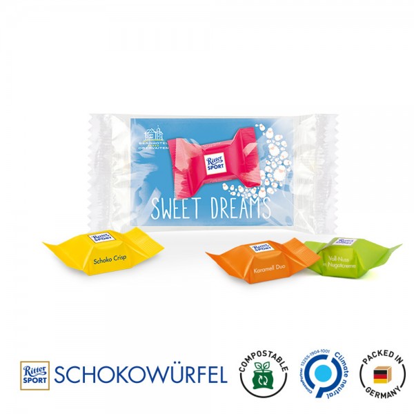 Werbeträger Ritter SPORT Schokowürfel Mischung: Schoko Crisp, Mousse au Chocolat, Vollnuss in Nugatc