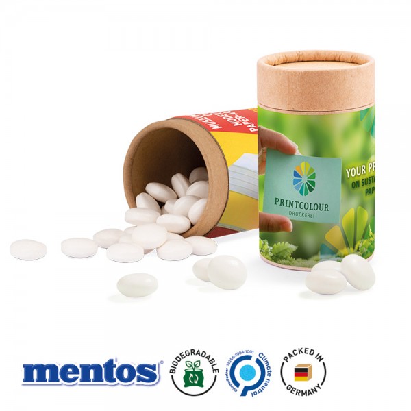 Papierdose Eco Midi Werbeetikett aus weißem Papier Mentos Gum Peppermint zuckerfrei