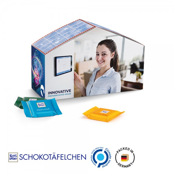 Haus Präsent Vollkartonhülle, weiß Ritter SPORT Schokotäfelchen, gemischt