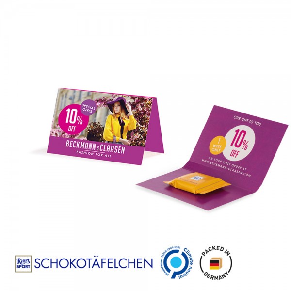Werbekarte Visitenformat aus weißem Karton mit Abreißperforation Ritter SPORT Schokotäfelchen Knuspe