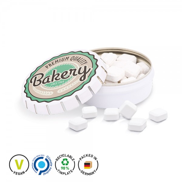 Quick Box Springdeckel aus Metall, weiß Metallunterteil, weiß Traubenzuckerquadrate, Himbeergeschmac