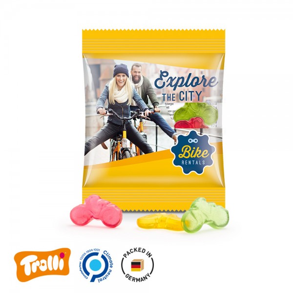 Minitüte, 84x70mm Folie, transparent Trolli Fruchtgummi Fahrrad, bunt gemischt, 10% Fruchtsaft
