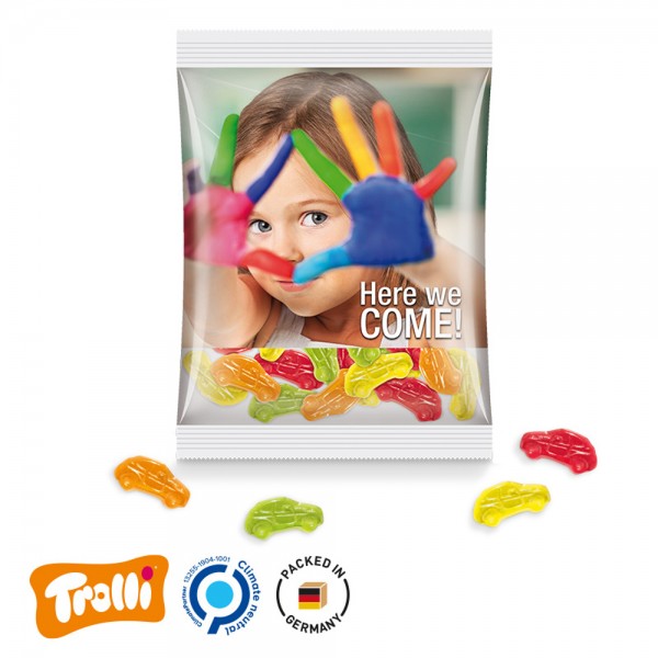 Maxitüte, 145x110mm Folie, transparent Trolli Fruchtgummi Autos, bunt gemischt, 10% Fruchtsaft