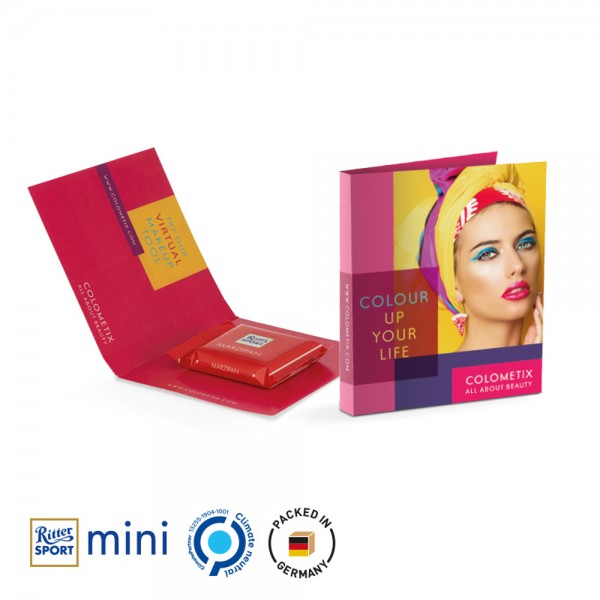Werbekarte Midi aus weißem Karton mit Abreißperforation (Rücken 10mm) Ritter SPORT Mini Marzipan