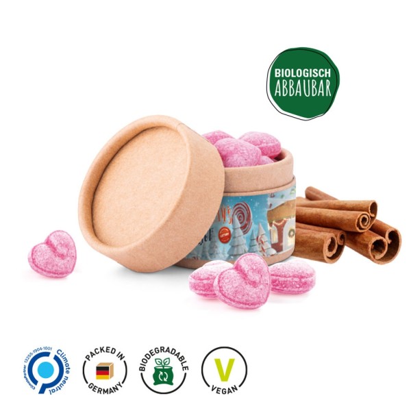 Papierdose Eco Mini Werbeetikett aus weißem Papier Glühwein Bonbon, Herz kandiert