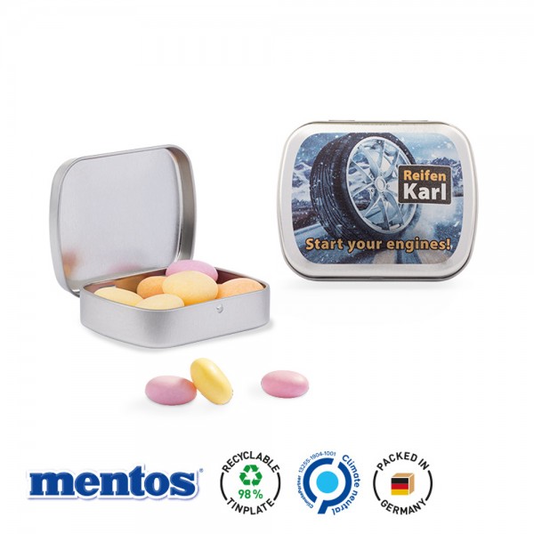 Klappdose Scharnierdeckeldose, silber-blank Mentos Kaudragees Fruit