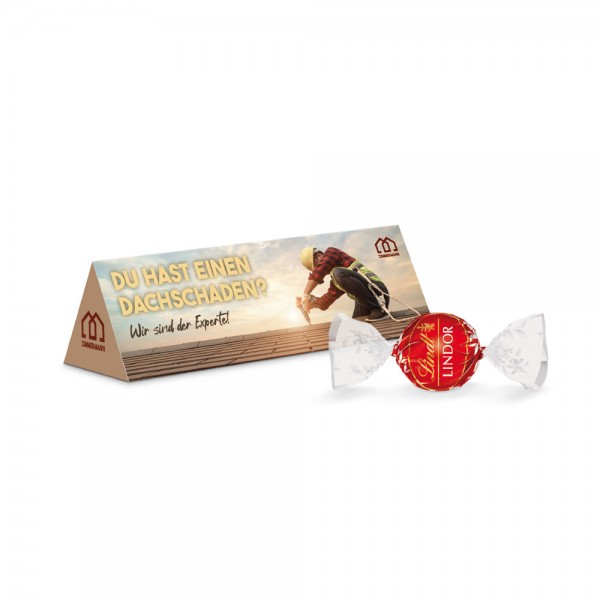Werbeprisma Werbeverpackung aus weißem Karton Lindt Lindor Kugel rot, Milch