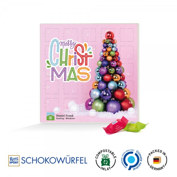 Adventskalender quadratisch Deckblatt, weiße Kartonage Tiefziehteil kompostierbar weiß Ritter SPORT