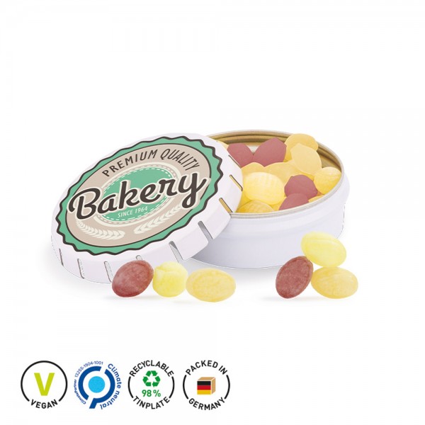 Quick Box Springdeckel aus Metall, weiß Metallunterteil, weiß Frucht Mix Bonbon, Micro