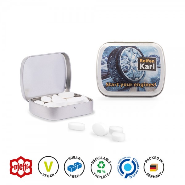 Klappdose Scharnierdeckeldose, silber-blank Pfeffi zuckerfreie Pfefferminzpastillen
