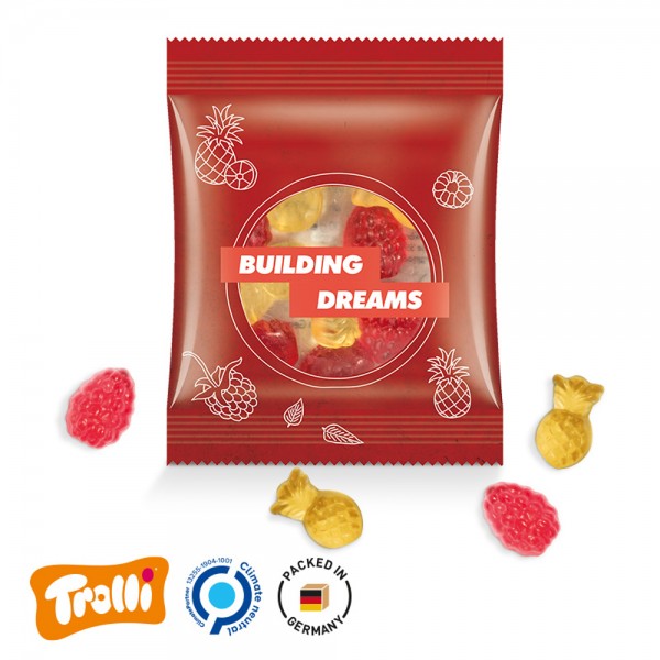 Minitüte Sonderform, 84x70mm Folie, transparent Fruchtgummi, bunt, 10% Fruchtsaft Ananas/Zitrone/Ora