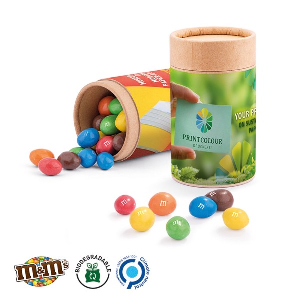 Papierdose Eco Midi Werbeetikett aus weißem Papier M&M´s Peanuts