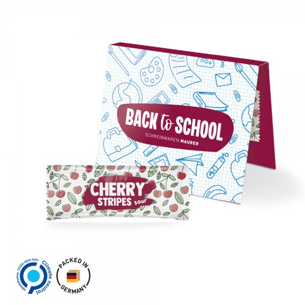 Werbekarte Midi aus weißem Karton mit Abreißperforation (Rücken 10mm) Fruit Stripes Cherry sour