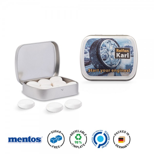 Klappdose Scharnierdeckeldose, silber-blank Mentos Kaudragee Mint