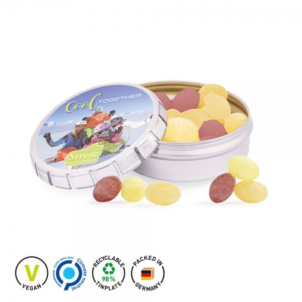 Quick Box Springdeckel aus Metall, silber Metallunterteil, silber Frucht Mix Bonbon, Micro