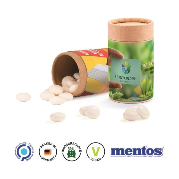 Papierdose Eco Midi Werbeetikett aus weißem Papier Mentos Kaudragee Mint