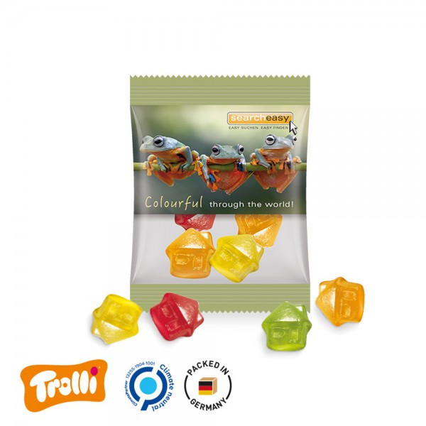 Minitüte, 84x70mm Folie, transparent Trolli Fruchtgummi Haus, bunt gemischt, 10% Fruchtsaft