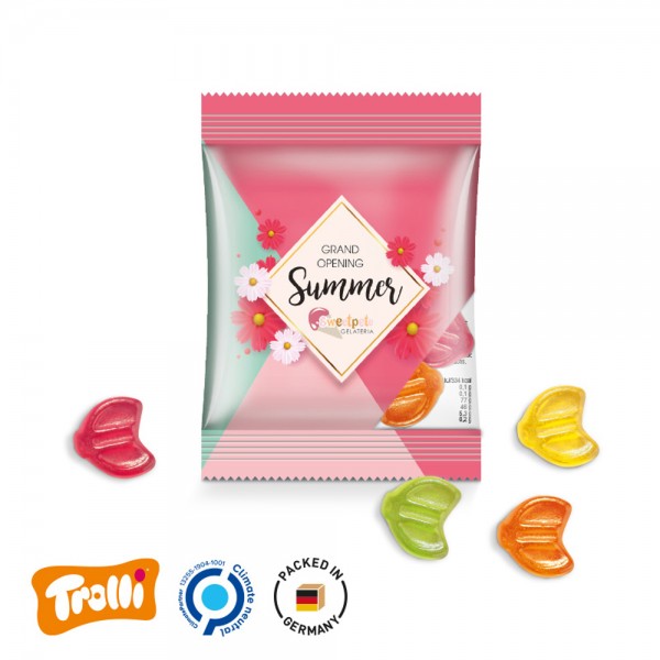 Minitüte, 84x70mm Folie, transparent Trolli Fruchtgummi EURO Zeichen, bunt gemischt, 10% Fruchtsaft