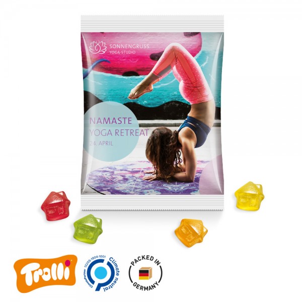 Maxitüte, 145x110mm Folie, weiß Trolli Fruchtgummi Haus, bunt gemischt, 10% Fruchtsaft