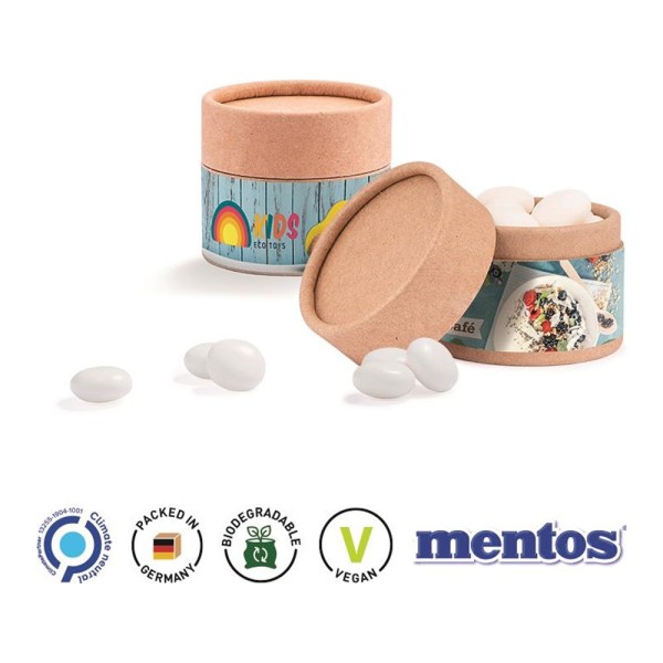 Papierdose Eco Mini Werbeetikett aus weißem Papier Mentos Kaudragee Mint