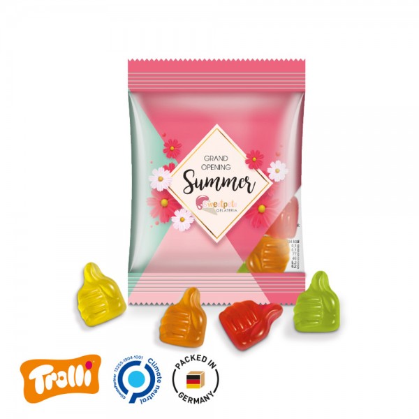 Minitüte, 84x70mm Folie, transparent Trolli Fruchtgummi Daumen, bunt gemischt, 10% Fruchtsaft
