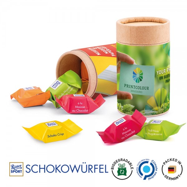 Papierdose Eco Midi Werbeetikett aus weißem Papier Ritter SPORT Schokowürfel Mischung: Schoko Crisp,