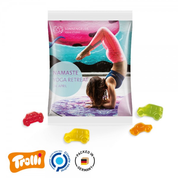 Maxitüte, 145x110mm Folie, weiß Trolli Fruchtgummi Auto-Mischung, bunt gemischt, 10% Fruchtsaft