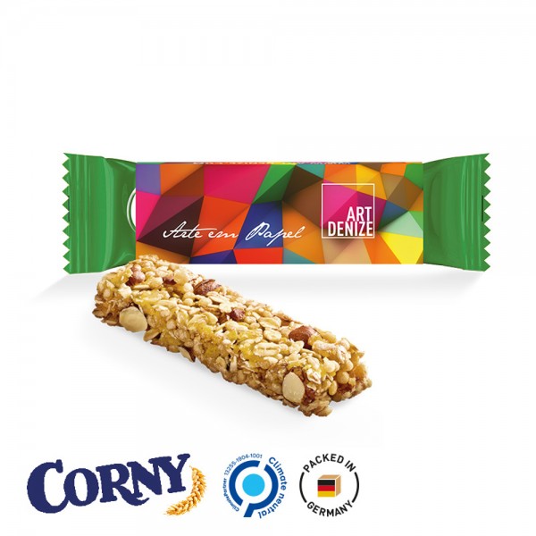 Corny Müsliriegel Werbeschuber aus weißem Karton Müsliriegel, Nussig
