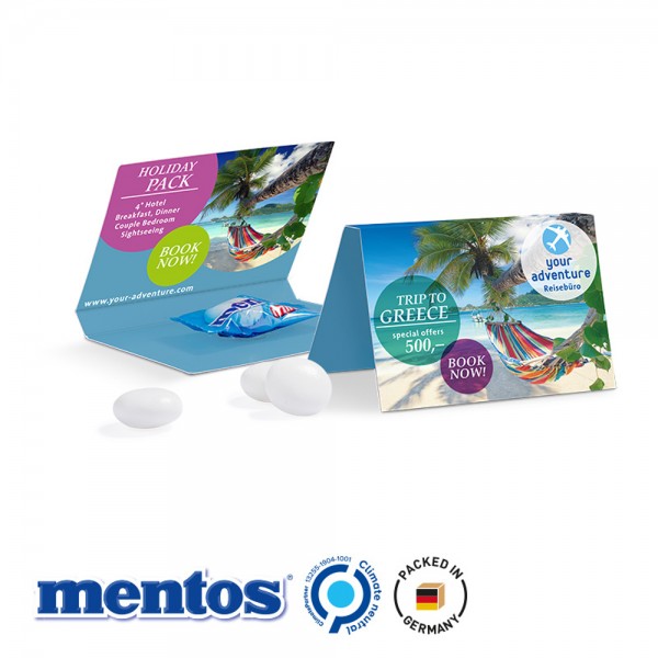 Werbekarte Visitenformat aus weißem Karton mit Abreißperforation Kaudragee Mentos Mint Pillow