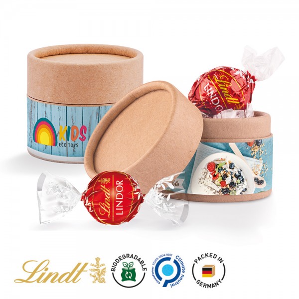 Papierdose Eco Mini Werbeetikett aus weißem Papier Lindt Lindor Kugel rot, Milch