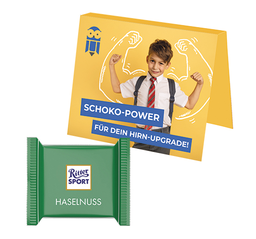 Werbekarte Midi aus weißem Karton mit Abreißperforation (Rücken 10mm) Ritter SPORT Mini Nuss-Splitte