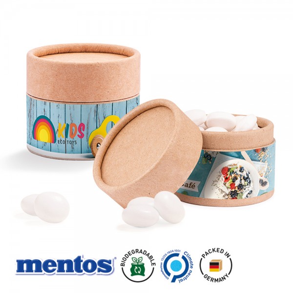 Papierdose Eco Mini Werbeetikett aus weißem Papier Mentos Gum Peppermint zuckerfrei