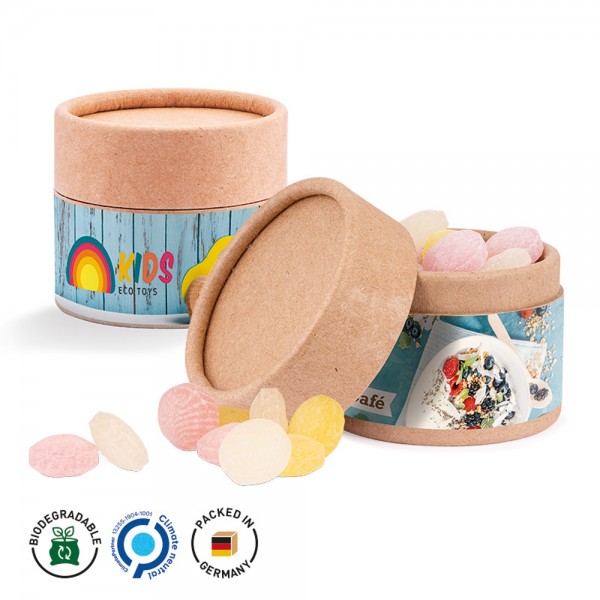 Papierdose Eco Mini Werbeetikett aus weißem Papier Frucht Mix Bonbon, Micro