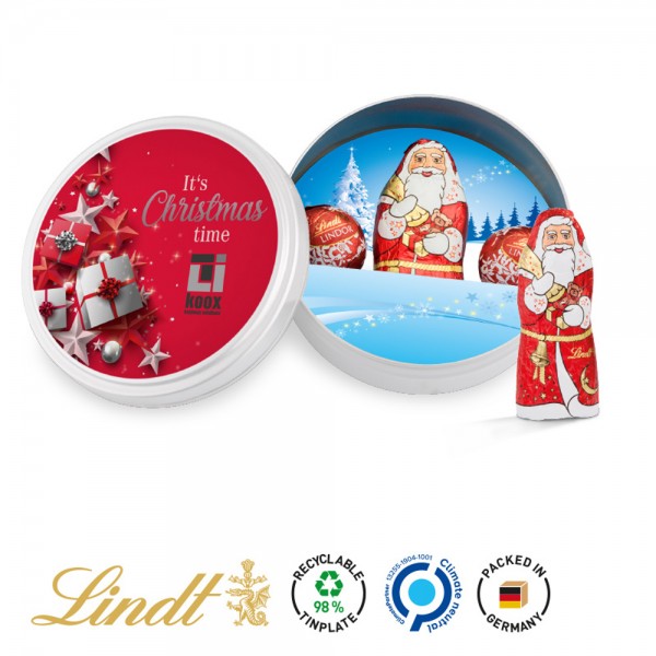 Weihnachtsdose Stülpdeckel aus Metall, weiß Metallunterteil, weiß Lindt Mischung: 2 Lindor Mini Kuge