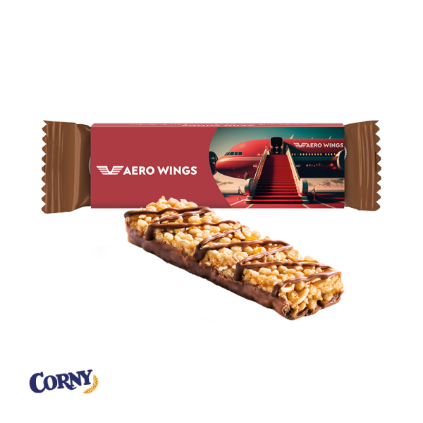 Corny Müsliriegel Werbeschuber aus weißem Karton Müsliriegel, Schoko