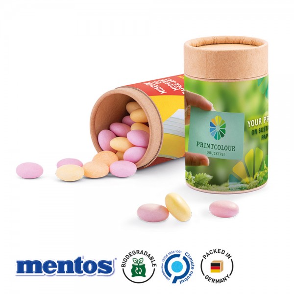 Papierdose Eco Midi Werbeetikett aus weißem Papier Mentos Kaudragees Fruit