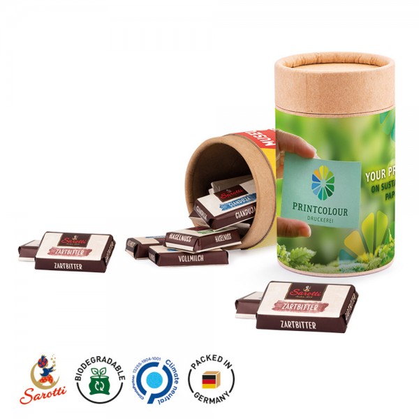 Papierdose Eco Midi Werbeetikett aus weißem Papier Sarotti Täfelchen Mischung: Vollmilch, Zartbitter