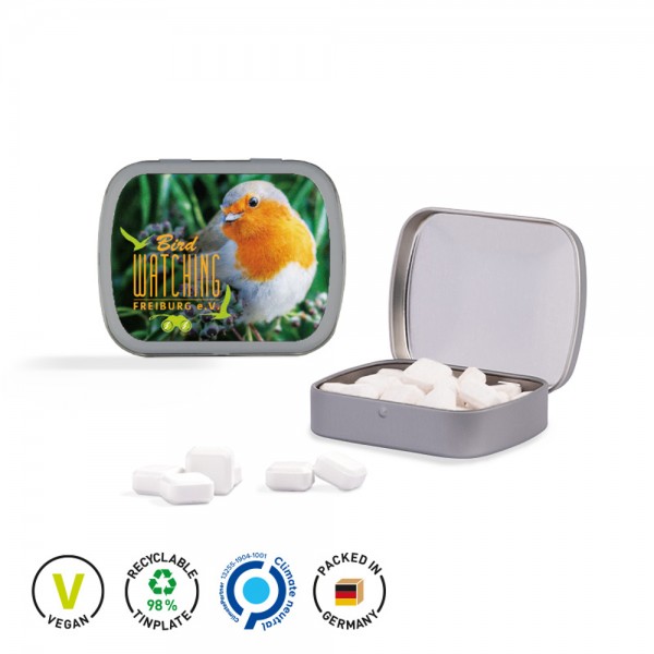 Klappdose Scharnierdeckeldose, matt-silber Traubenzuckerquadrate, Himbeergeschmack