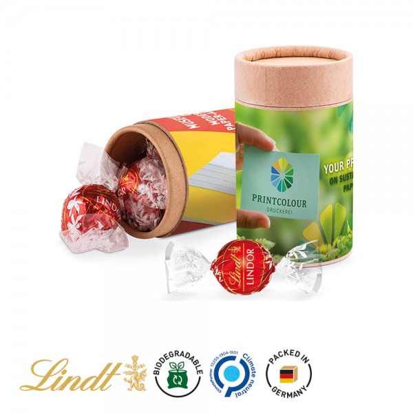 Papierdose Eco Midi Werbeetikett aus weißem Papier Lindt Lindor Kugel rot, Milch